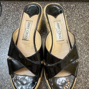Jimmy Choo Black Patent Leather “Paisley” Espadrille Wedges Platform Sandals